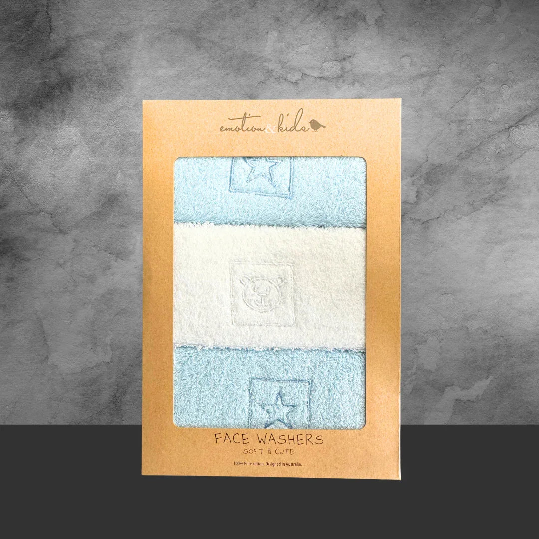 Emotion & Kids Blue Stars & Teddy Facewasher 3 Pack - Tastebuds