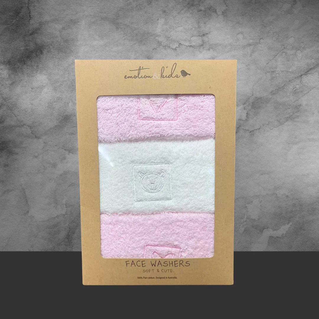 Emotion & Kids Pink Hearts & Teddy Facewasher - 3 Pack - Tastebuds