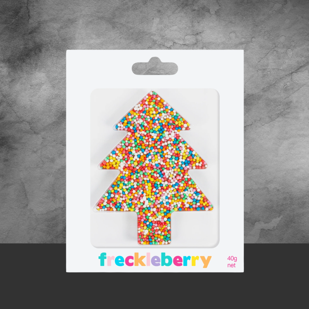 Freckleberry colorful Christmas tree shaped sprinkles in clear packaging with white background