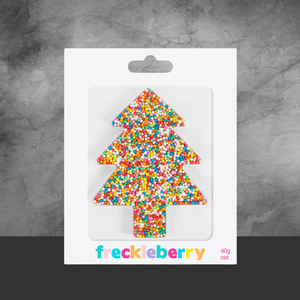 Freckleberry colorful Christmas tree shaped sprinkles in clear packaging with white background