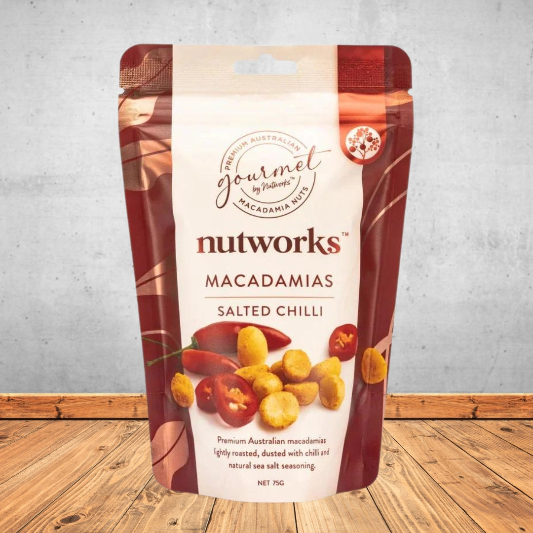 NUTWORKS SALTED CHILLI MACADAMIAS 75G