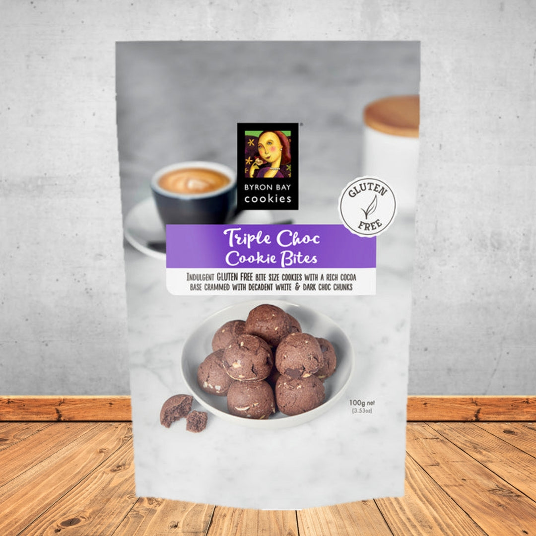 BYRON BAY COOKIES GF TRIPLE CHOC BITES COOKIE POUCH 100G