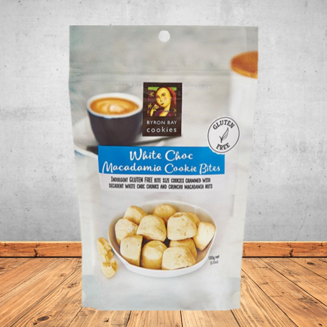 BYRON BAY COOKIES GF WHITE CHOC MACADAMIA BITES COOKIE POUCH 100G