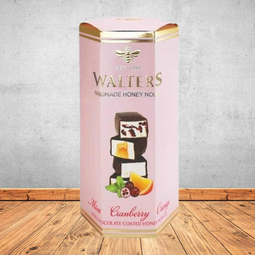 WALTERS  ASSORTED DARK CHOCOLATE MINT CRANBERRY & ORANGE NOUGAT BOX 120G