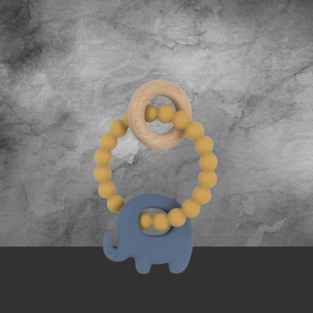 Living Textiles Silicone Elephant Teether Ring - Steel Blue - Tastebuds