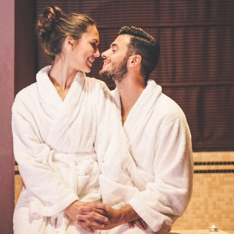 Man and Woman wearing Honey Homeware luxury White Bath Robe